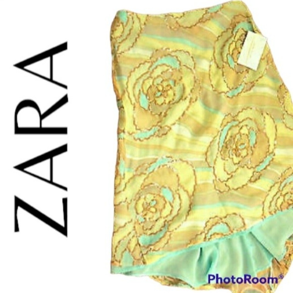 NWT ZARA SILK SKIRT EMBELLISHED LO HIGH HEM AQUA GREEN WOMENS 6 NWT